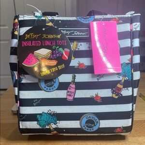 Betsey Johnson Caviar and Champagne Black and White Striped Lunch Tote NWT